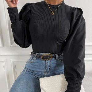 Puff sleeve ribbed knit top